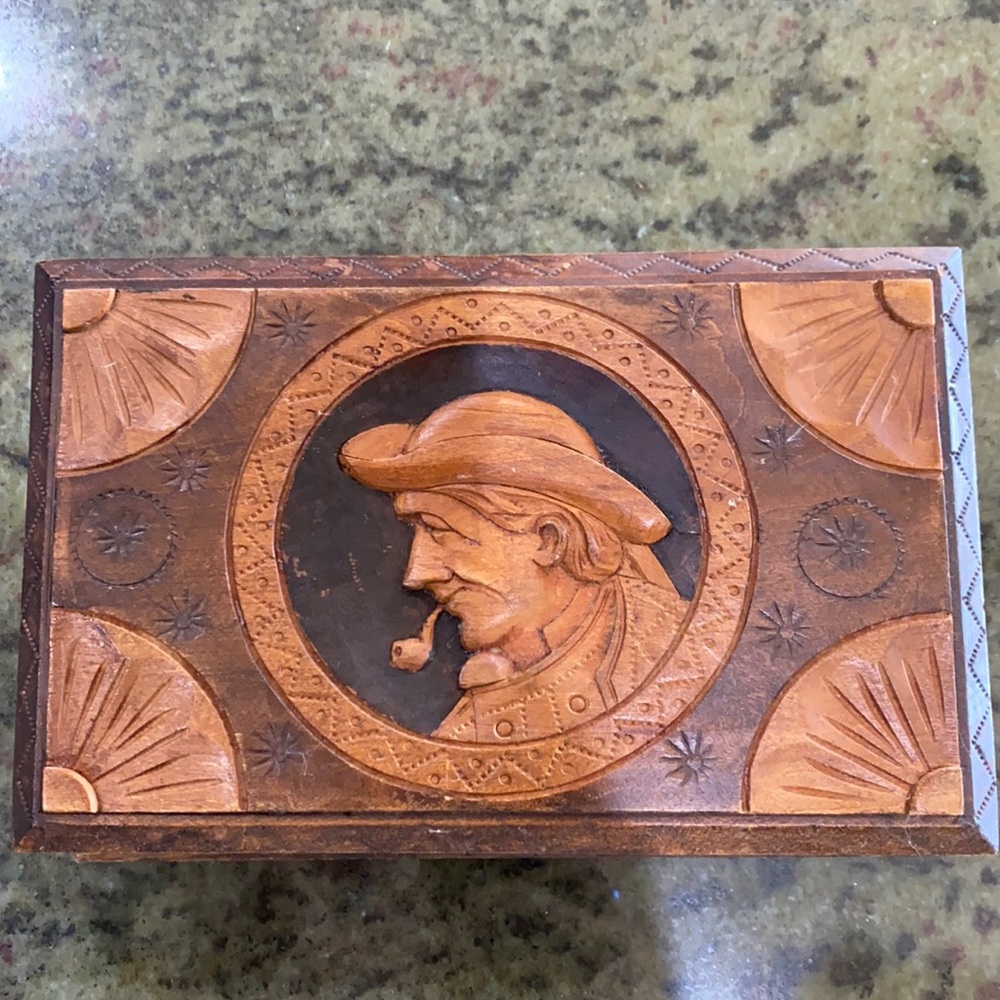 Vintage Carved Wood Box With Attached Lid